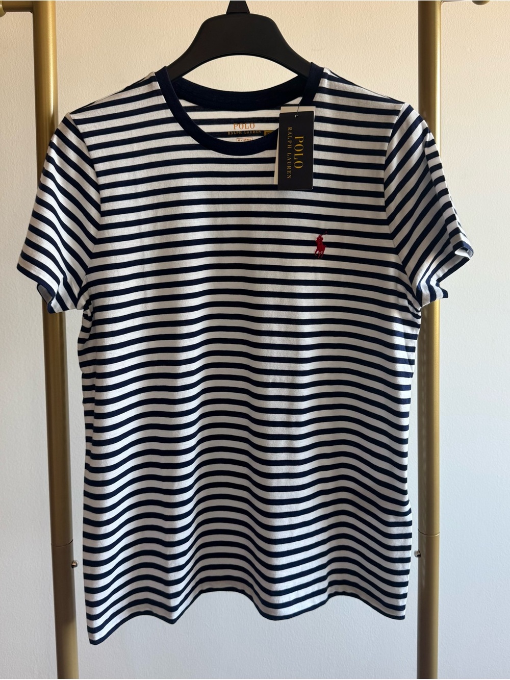 Polo by Ralph Lauren Navy & White Striped Short Sleeve Tee with Red Pony